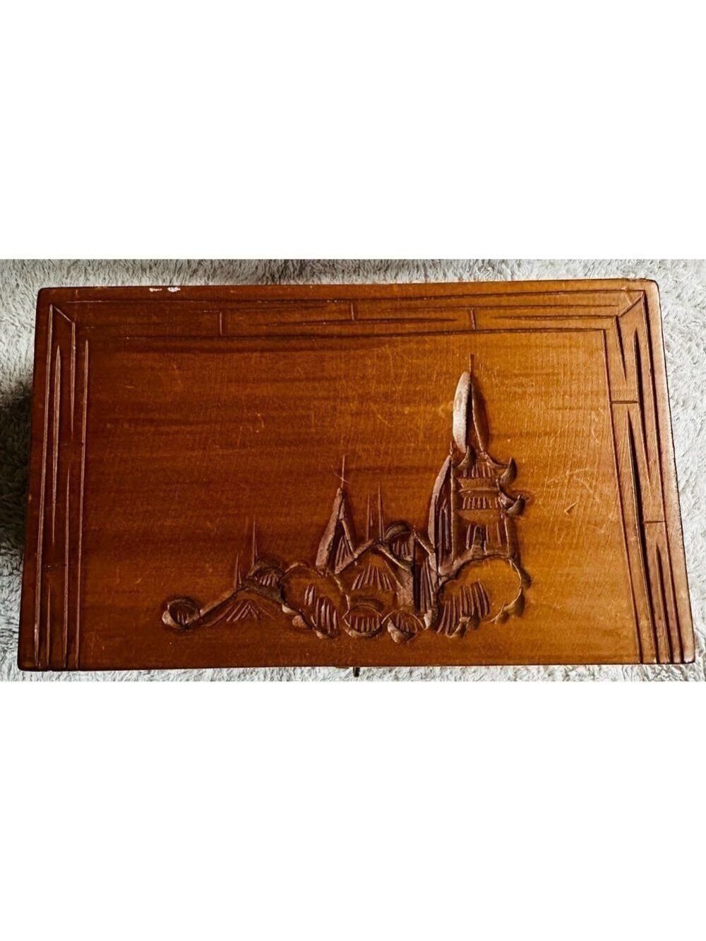 Vintage Hand Carved Wooden Hinged Jewelry Box